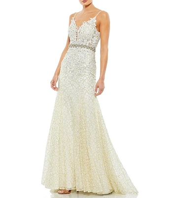 Mac Duggal Floral Lace Sleeveless Deep V-Neck Gown