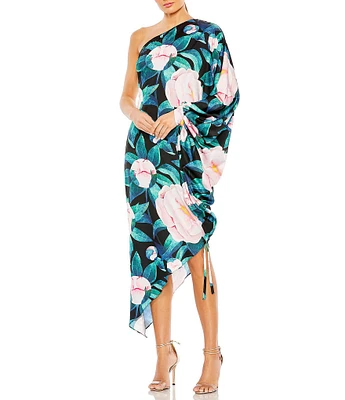 Mac Duggal Floral One Shoulder One Long Sleeve Asymmetrical Hem Dress