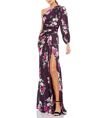 Mac Duggal Floral One Shoulder One Long Sleeve High Front Slit Gown