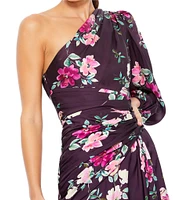 Mac Duggal Floral One Shoulder One Long Sleeve High Front Slit Gown