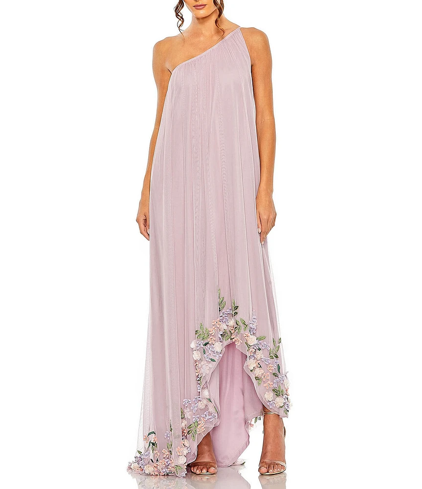 Mac Duggal Floral Pattern Embellished Tulle One Shoulder Sleeveless Trapeze Gown