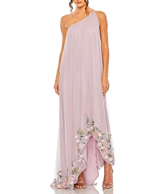 Mac Duggal Floral Pattern Embellished Tulle One Shoulder Sleeveless Trapeze Gown