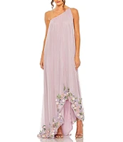 Mac Duggal Floral Pattern Embellished Tulle One Shoulder Sleeveless Trapeze Gown