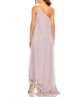 Mac Duggal Floral Pattern Embellished Tulle One Shoulder Sleeveless Trapeze Gown