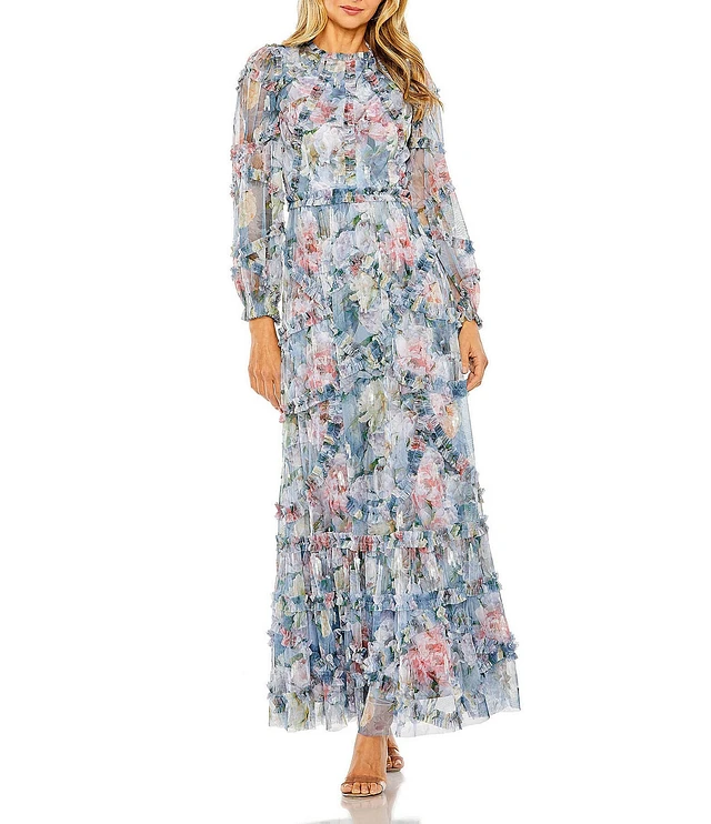 navy blue dress for baby girl Mac Duggal Floral Print Chiffon High Neck Long Sleeve Ruffle Tiered A-Line  Maxi Dress
