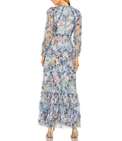 Mac Duggal Floral Print Chiffon High Neck Long Sleeve Ruffle Tiered A-Line Dress