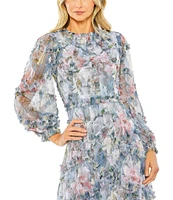 Mac Duggal Floral Print Chiffon High Neck Long Sleeve Ruffle Tiered A-Line Dress