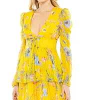 Mac Duggal Floral Print Deep V Neck Long Sleeve Tiered Mini Dress