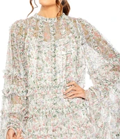 Mac Duggal Floral Print Long Flare Sleeve Crew Neck Tiered Ruffle Detail Mesh Mini Dress