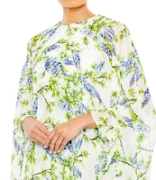 Mac Duggal Floral Print Long Sleeve Ruffled Hem Cape Back Mini Dress