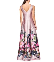 Kay Unger Floral Print Mikado Boat Neck Sleeveless Pleated Side Pocket Gown