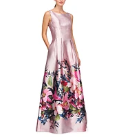 Kay Unger Floral Print Mikado Boat Neck Sleeveless Pleated Side Pocket Gown