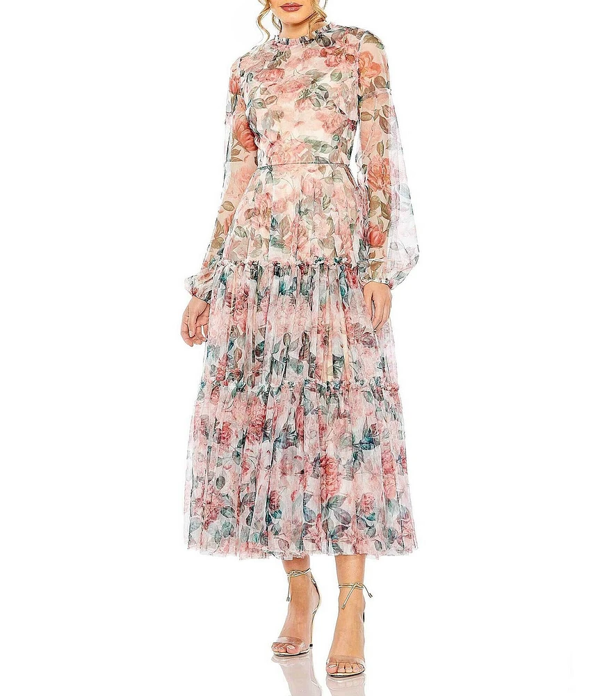 Mac Duggal Floral Print Mock Neck Long Balloon Sleeve A-Line Midi Dress