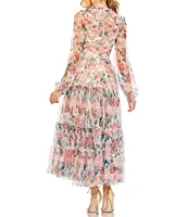 Mac Duggal Floral Print Mock Neck Long Balloon Sleeve A-Line Midi Dress