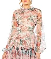 Mac Duggal Floral Print Mock Neck Long Balloon Sleeve A-Line Midi Dress