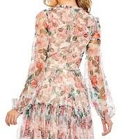 Mac Duggal Floral Print Mock Neck Long Balloon Sleeve A-Line Midi Dress