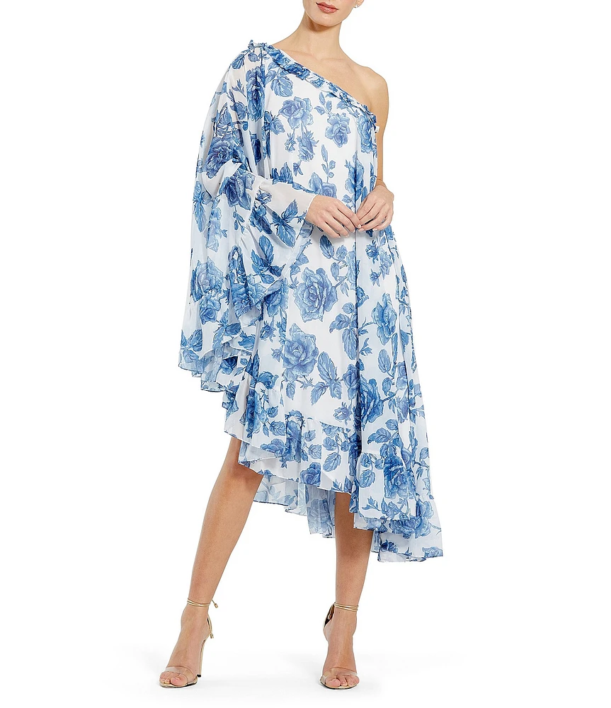 Mac Duggal Floral Print One Shoulder Cape Dress