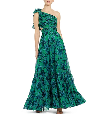 Mac Duggal Floral Print One Shoulder Tiered Ruffled Cut-Out Gown