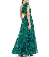 Mac Duggal Floral Print One Shoulder Tiered Ruffled Cut-Out Gown