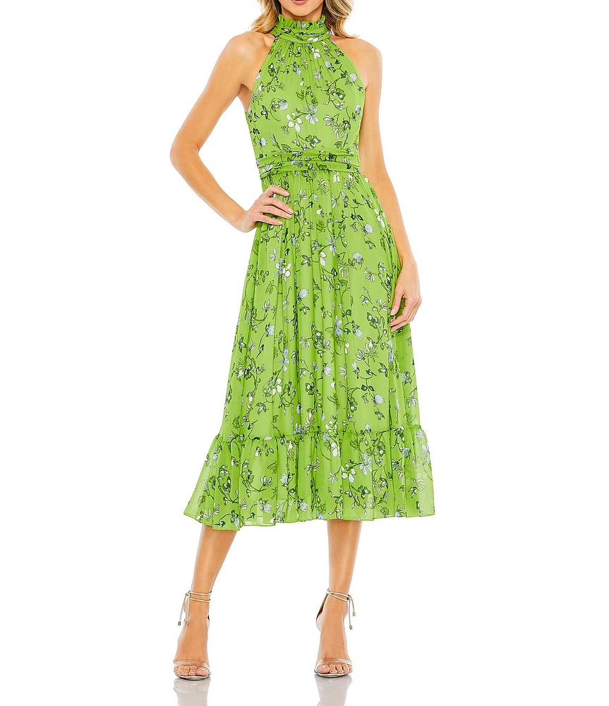 Mac Duggal Floral Print Pleated Halter Neck Sleeveless A-Line Dress