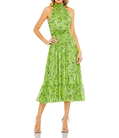 Mac Duggal Floral Print Pleated Halter Neck Sleeveless A-Line Dress