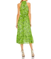 Mac Duggal Floral Print Pleated Halter Neck Sleeveless A-Line Dress