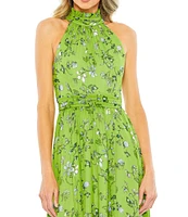 Mac Duggal Floral Print Pleated Halter Neck Sleeveless A-Line Dress