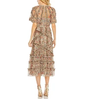 Mac Duggal Floral Print Ruffle Embellished Short Flutter Sleeve Crew Neck Midi Dress
