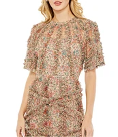 Mac Duggal Floral Print Ruffle Embellished Short Flutter Sleeve Crew Neck Midi Dress