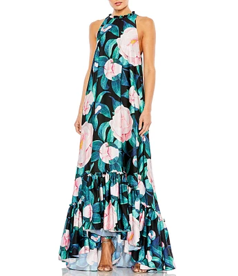 Mac Duggal Floral Print Ruffled Crew Neck Sleeveless High-Low Hem Gown