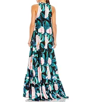 Mac Duggal Floral Print Ruffled Crew Neck Sleeveless High-Low Hem Gown