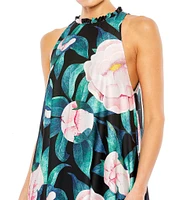 Mac Duggal Floral Print Ruffled Crew Neck Sleeveless High-Low Hem Gown