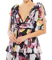 Mac Duggal Floral Print Ruffled V-Neck Sleeveless Tie Dress