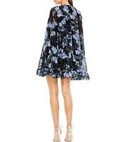 Mac Duggal Floral Print Sleeveless Cape Back Mini Dress