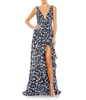 Mac Duggal Floral Print Sleeveless Ruffle Tiered High-Low Plunging V-Neck Gown