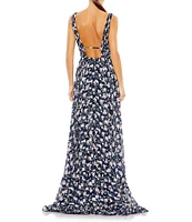 Mac Duggal Floral Print Sleeveless Ruffle Tiered High-Low Plunging V-Neck Gown