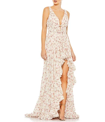 Mac Duggal Floral Print Sleeveless Ruffle Tiered High-Low Plunging V-Neck Gown
