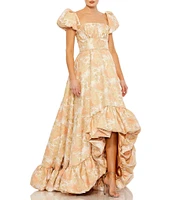 Mac Duggal Floral Print Square Neck Short Puffed Sleeve High-low Brocade Ball Gown