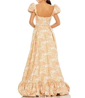 Mac Duggal Floral Print Square Neck Short Puffed Sleeve High-low Brocade Ball Gown