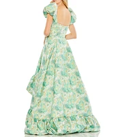 Mac Duggal Floral Print Square Neck Short Puffed Sleeve High-low Brocade Ball Gown