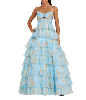 Mac Duggal Floral Print Sweetheart Neck Spaghetti Strap Sleeveless Cut Out Open Back Detail Ruffle Tiered Ball Gown