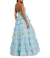 Mac Duggal Floral Print Sweetheart Neck Spaghetti Strap Sleeveless Cut Out Open Back Detail Ruffle Tiered Ball Gown