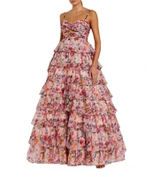 Mac Duggal Floral Print Sweetheart Neck Spaghetti Strap Sleeveless Cut Out Open Back Detail Ruffle Tiered Ball Gown