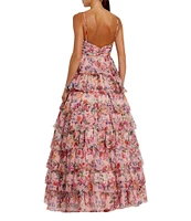 Mac Duggal Floral Print Sweetheart Neck Spaghetti Strap Sleeveless Cut Out Open Back Detail Ruffle Tiered Ball Gown