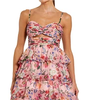 Mac Duggal Floral Print Sweetheart Neck Spaghetti Strap Sleeveless Cut Out Open Back Detail Ruffle Tiered Ball Gown
