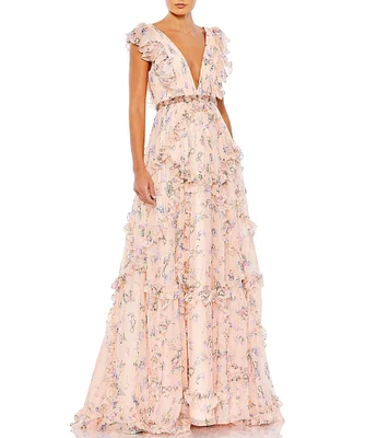 Mac Duggal Floral Print Tiered Ruffle Hem Deep V-Neck Sleeveless Embellished Waist Open Back Gown