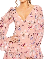 Mac Duggal Floral Print V-Neck Long Ruffled Sleeve Dress