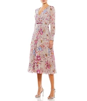 Mac Duggal Floral Print V-Neck Long Sleeve Midi Dress