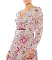 Mac Duggal Floral Print V-Neck Long Sleeve Midi Dress