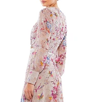 Mac Duggal Floral Print V-Neck Long Sleeve Midi Dress